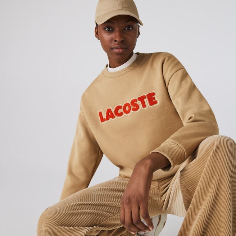 Lacoste Crew Neck Embroidered Fleece Sweatshirt Bézs | FItIuggb