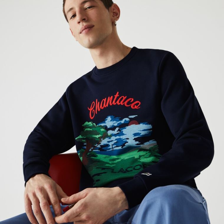 Lacoste Crew Neck Landscape Print Fleece Sweatshirt Sötétkék Kék Piros | THRyT8Pd