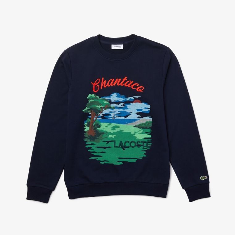 Lacoste Crew Neck Landscape Print Fleece Sweatshirt Sötétkék Kék Piros | THRyT8Pd