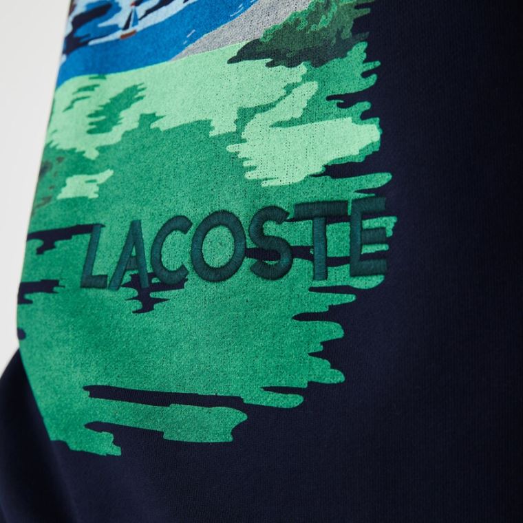 Lacoste Crew Neck Landscape Print Fleece Sweatshirt Sötétkék Kék Piros | THRyT8Pd