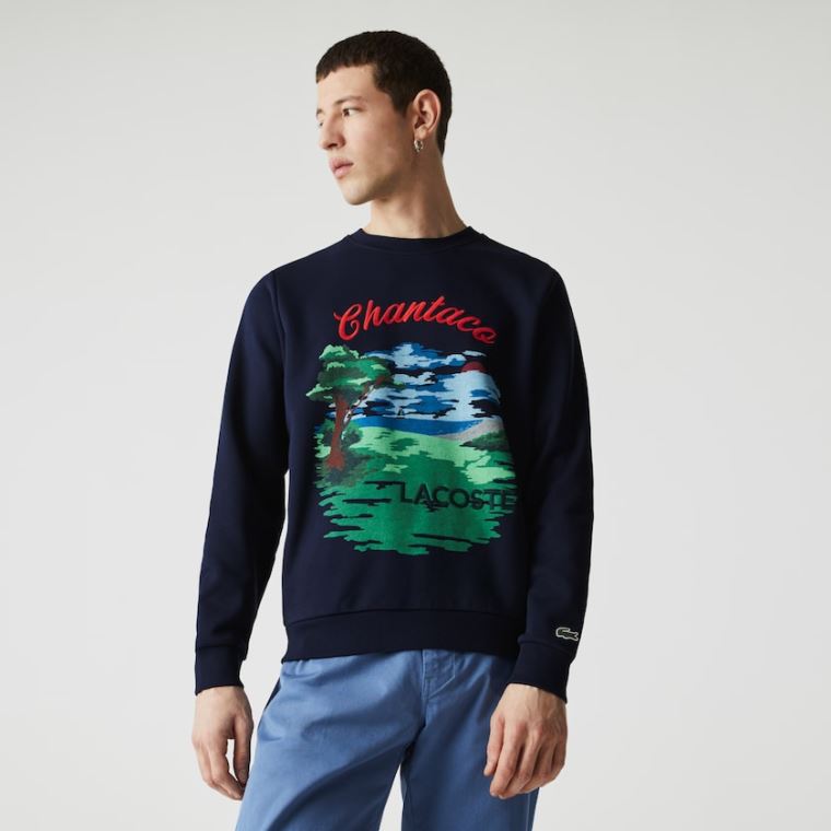 Lacoste Crew Neck Landscape Print Fleece Sweatshirt Sötétkék Kék Piros | THRyT8Pd