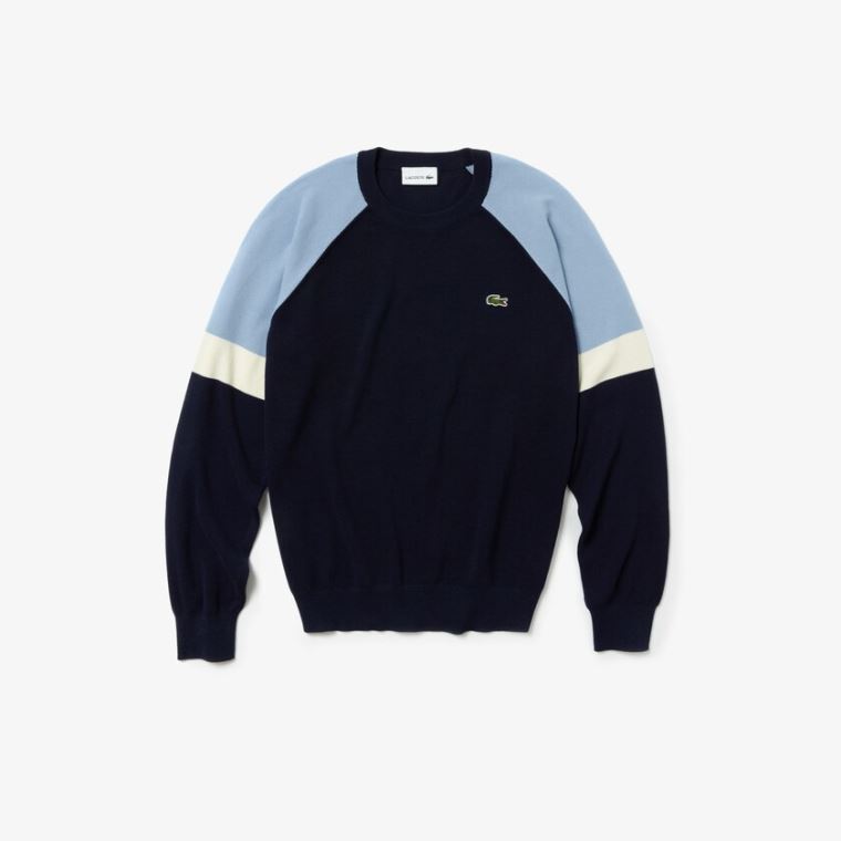 Lacoste Crew Neck Raglan Sleeved Pulóver Sötétkék Kék Fehér Világos Kék | 1Rv7Agvb