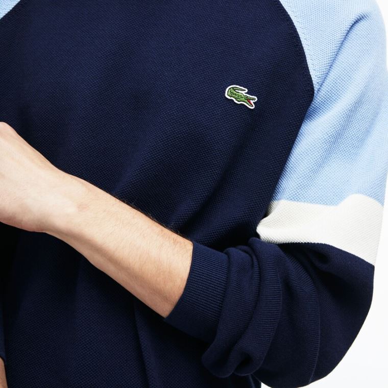 Lacoste Crew Neck Raglan Sleeved Pulóver Sötétkék Kék Fehér Világos Kék | 1Rv7Agvb