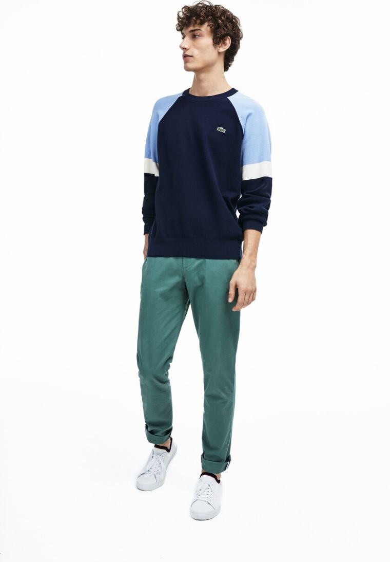 Lacoste Crew Neck Raglan Sleeved Pulóver Sötétkék Kék Fehér Világos Kék | 1Rv7Agvb