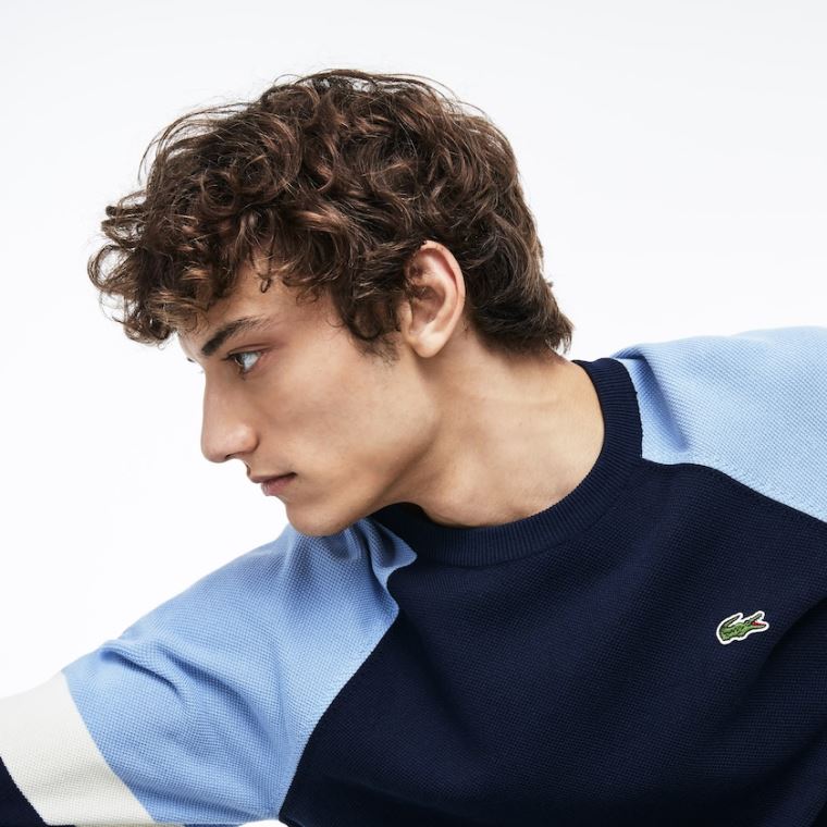 Lacoste Crew Neck Raglan Sleeved Pulóver Sötétkék Kék Fehér Világos Kék | 1Rv7Agvb