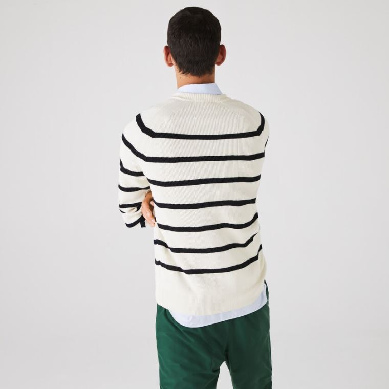 Lacoste Crew Neck Striped Ribbed Wool Pulóver Fehér Sötétkék Kék | IHY39fk6