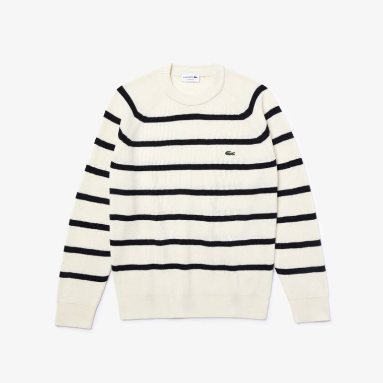 Lacoste Crew Neck Striped Ribbed Wool Pulóver Fehér Sötétkék Kék | IHY39fk6