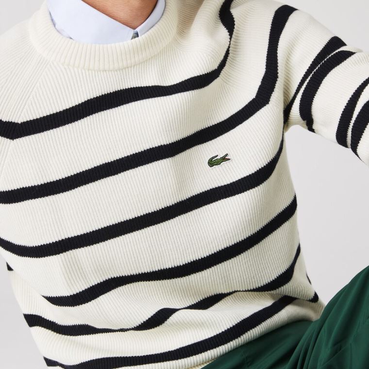 Lacoste Crew Neck Striped Ribbed Wool Pulóver Fehér Sötétkék Kék | IHY39fk6