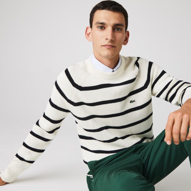 Lacoste Crew Neck Striped Ribbed Wool Pulóver Fehér Sötétkék Kék | IHY39fk6