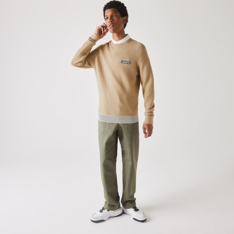 Lacoste Crew Neck Textured Wool And Pamut Pulóver Bézs Fehér Sötétkék Kék | 6hoSnSYT