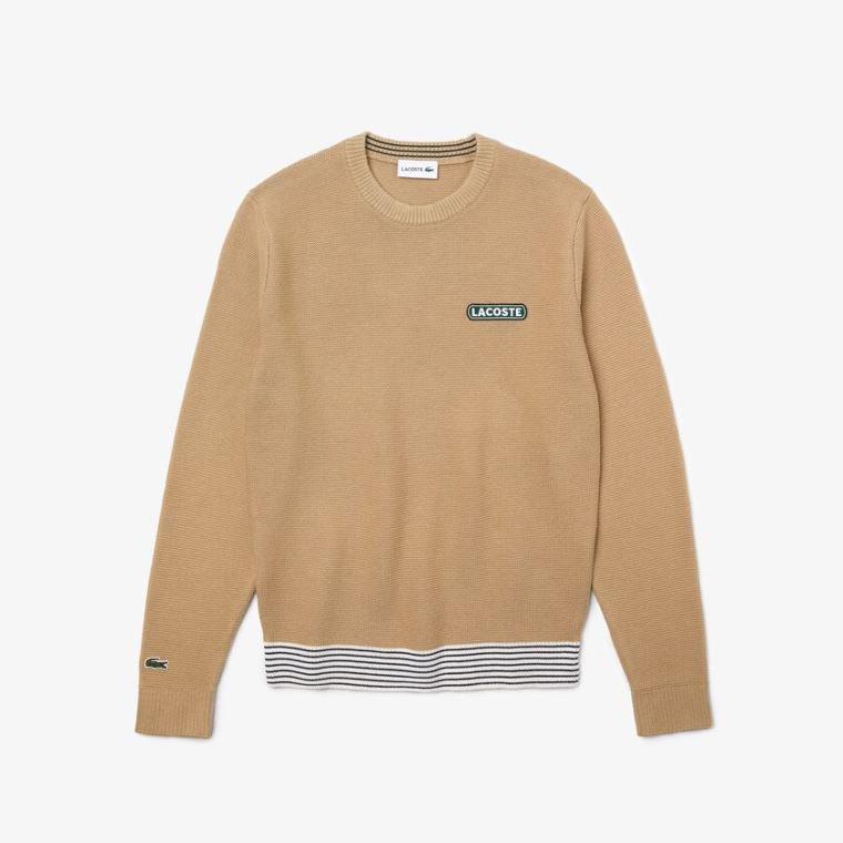 Lacoste Crew Neck Textured Wool And Pamut Pulóver Bézs Fehér Sötétkék Kék | 6hoSnSYT