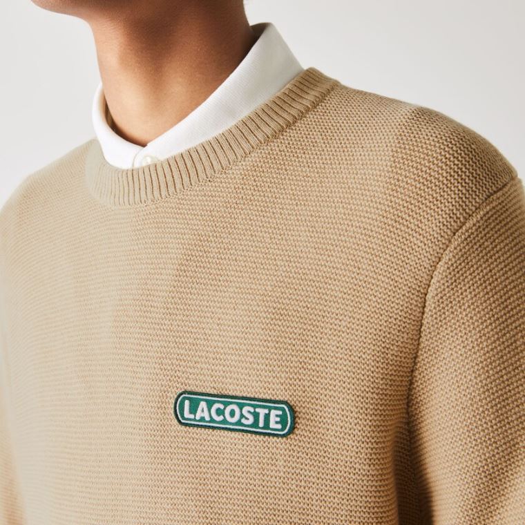 Lacoste Crew Neck Textured Wool And Pamut Pulóver Bézs Fehér Sötétkék Kék | 6hoSnSYT