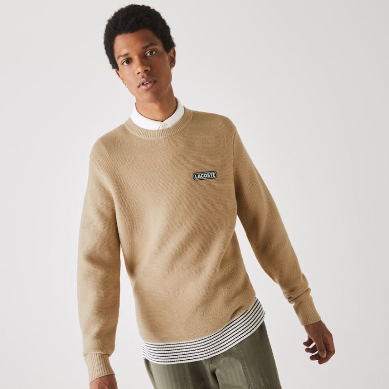 Lacoste Crew Neck Textured Wool And Pamut Pulóver Bézs Fehér Sötétkék Kék | 6hoSnSYT