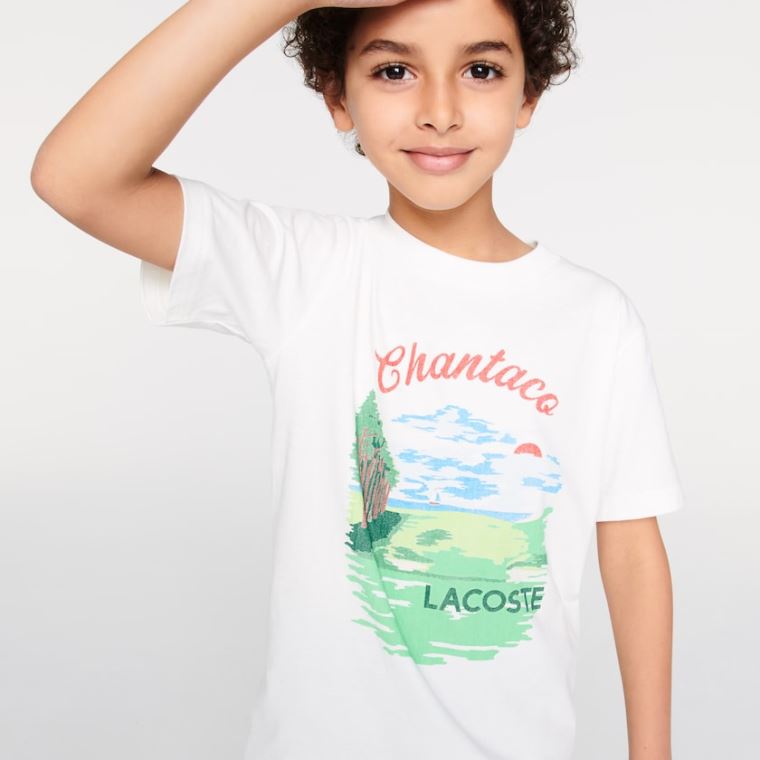 Lacoste Crewneck Chantaco-Print Pamut T-shirt Fehér | 7b6p4wX1