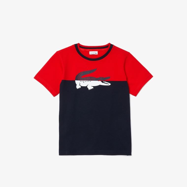 Lacoste Crewneck Croc-Print Pamut T-shirt Piros Sötétkék Kék | 30lZY7dq