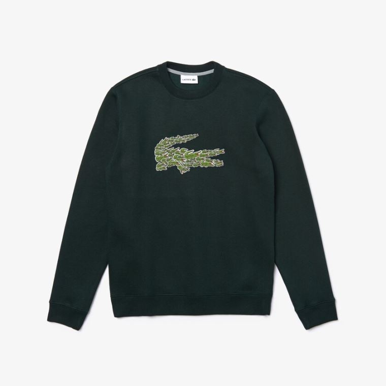 Lacoste Crewneck Croco Magic Logo Fleece Sweatshirt Zöld | lAqkvypb