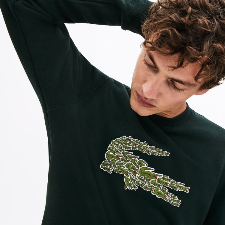 Lacoste Crewneck Croco Magic Logo Fleece Sweatshirt Zöld | lAqkvypb