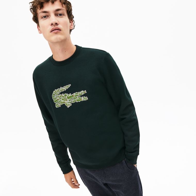 Lacoste Crewneck Croco Magic Logo Fleece Sweatshirt Zöld | lAqkvypb