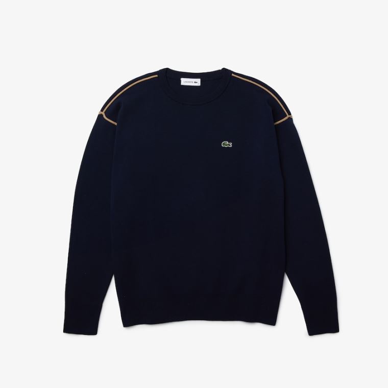 Lacoste Crewneck Pamut Pulóver Sötétkék Kék Bézs | GfUzHWtp