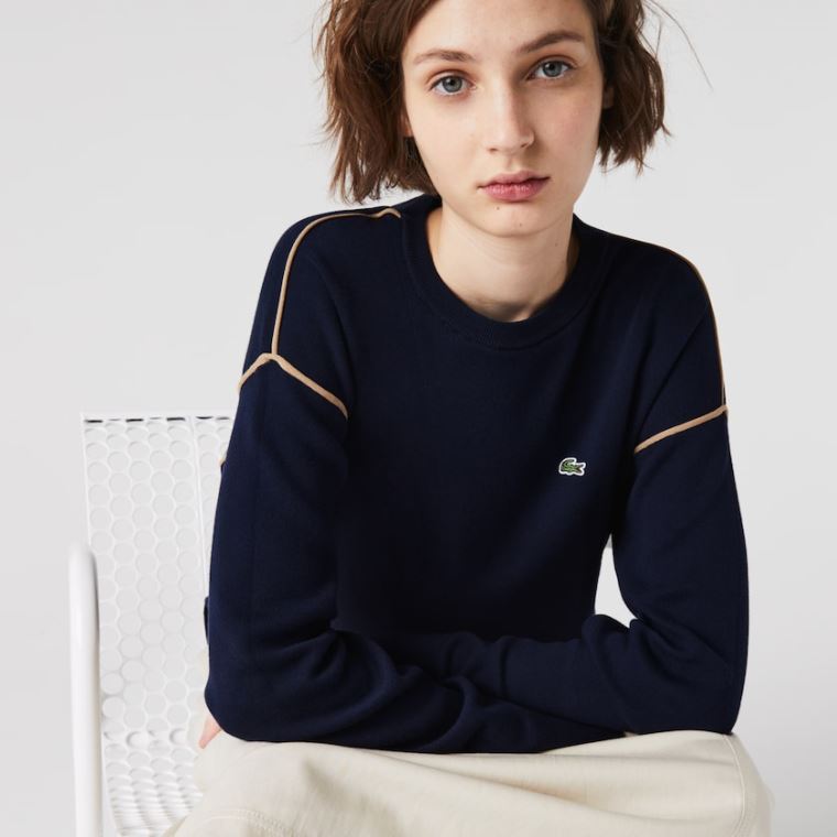 Lacoste Crewneck Pamut Pulóver Sötétkék Kék Bézs | GfUzHWtp