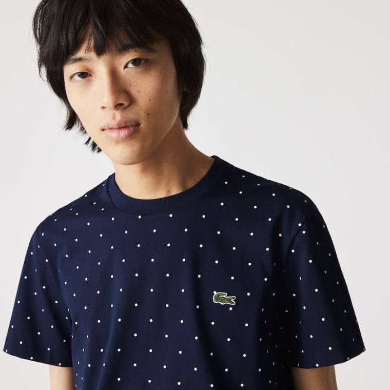 Lacoste Crewneck Polka Dotted Pamut T-shirt Sötétkék Kék | ydXpnj7S