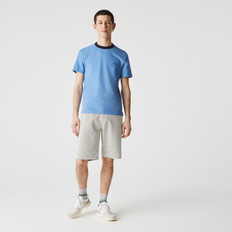 Lacoste Crewneck Relaxed Fit Textured Pamut T-shirt Kék Sötétkék Kék | kHLIHkIr