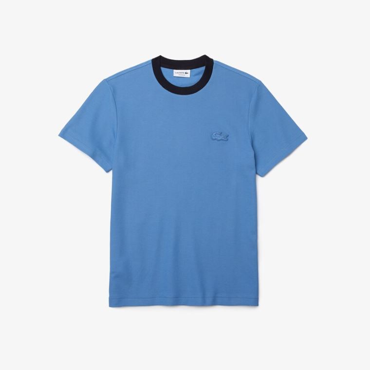 Lacoste Crewneck Relaxed Fit Textured Pamut T-shirt Kék Sötétkék Kék | kHLIHkIr