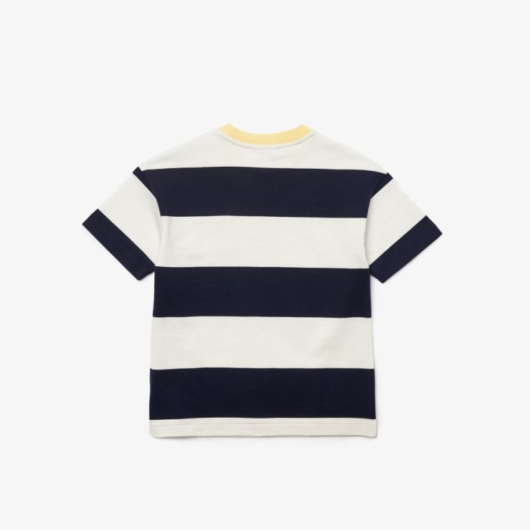 Lacoste Crewneck Rugby Striped Pamut T-shirt Fehér Sötétkék Kék | iNsxSfeI