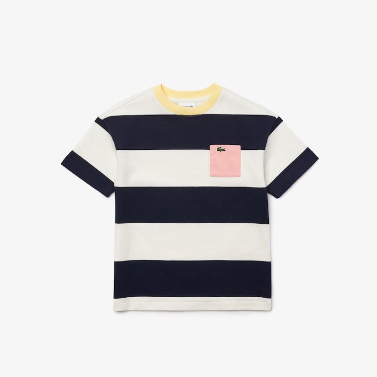 Lacoste Crewneck Rugby Striped Pamut T-shirt Fehér Sötétkék Kék | iNsxSfeI