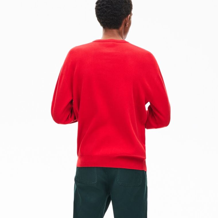 Lacoste Crewneck Signature-Logo Knit Pulóver Piros | V798kE80