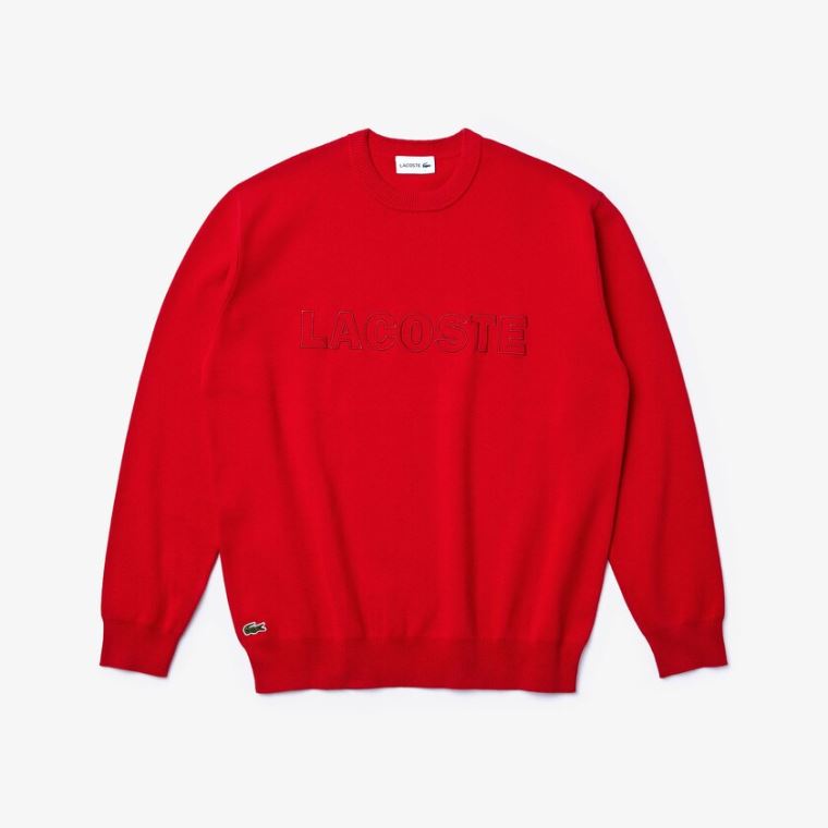 Lacoste Crewneck Signature-Logo Knit Pulóver Piros | V798kE80