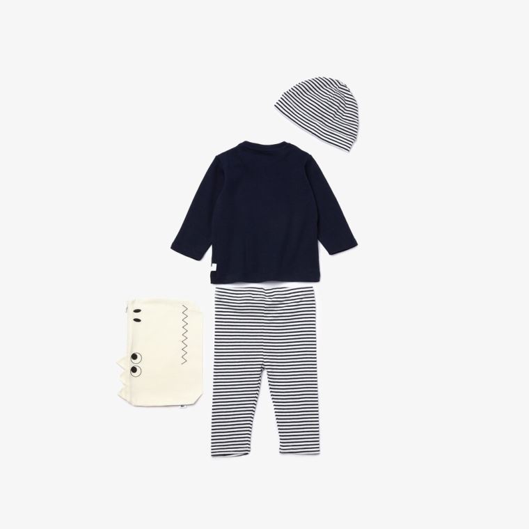 Lacoste Croc Pouch Ribbed Pamut Pajama Set Fekete Fehér | EDWptrfA