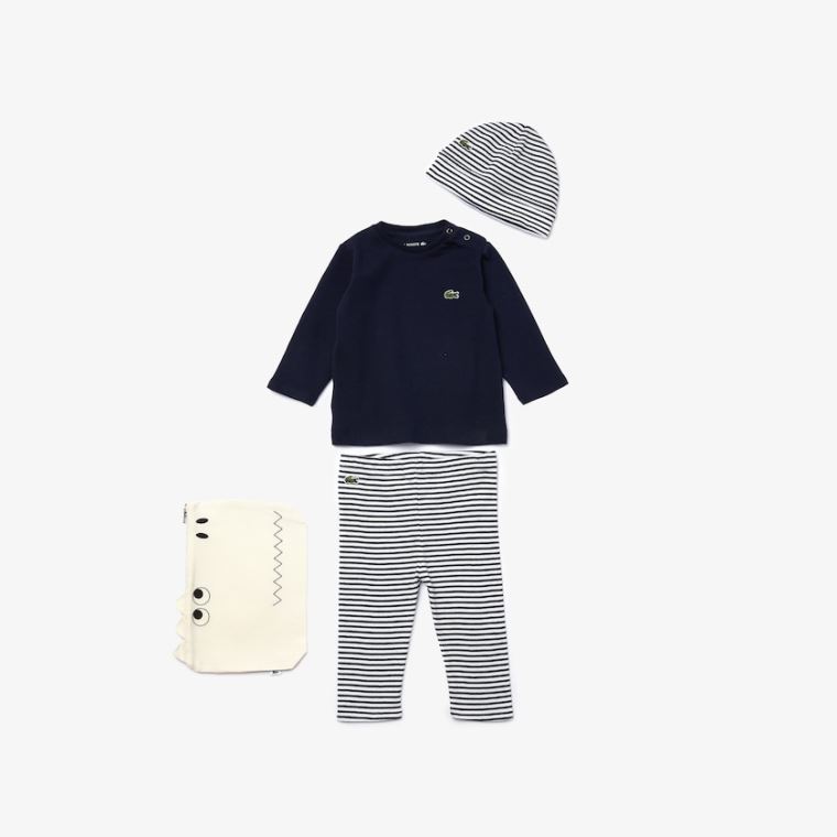 Lacoste Croc Pouch Ribbed Pamut Pajama Set Fekete Fehér | EDWptrfA