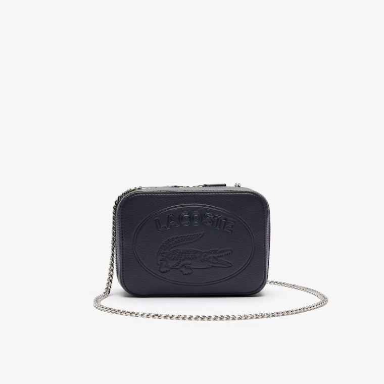 Lacoste Croco Crew Grained Bőr Zip Shoulder Bag Sötétkék | LFNmNy7v