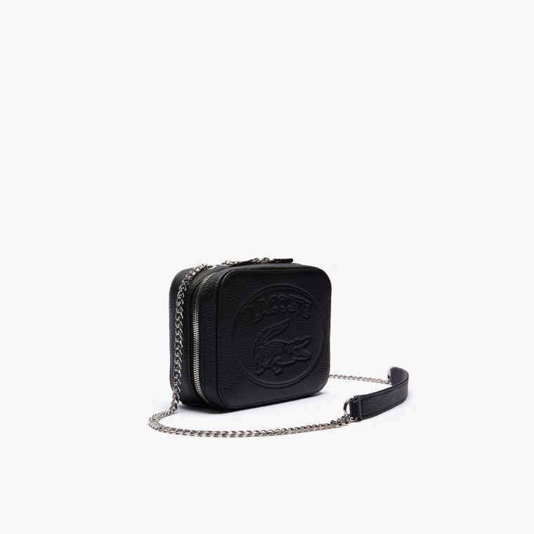 Lacoste Croco Crew Grained Bőr Zip Shoulder Bag Fekete | TjW57yVO