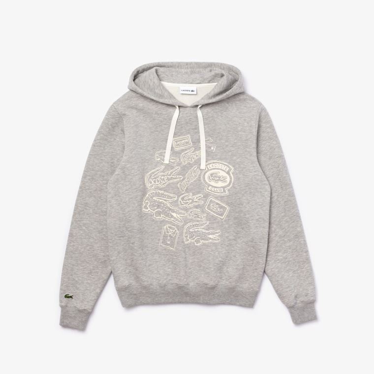 Lacoste Csuklyás Badge Print Fleece Sweatshirt Szürke | aVElWhBd