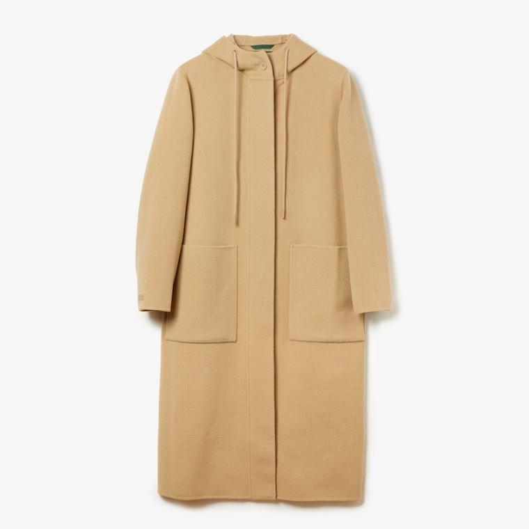 Lacoste Csuklyás Zippered Long Wool Blend Coat Bézs | zARjlxXx