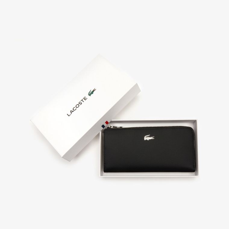 Lacoste Daily Classic Coated Piqué Vászon 10 Card Zip Wallet Fekete | hcANkAaP