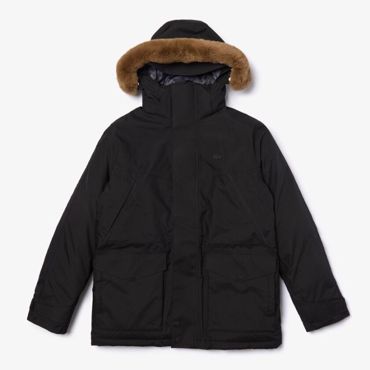 Lacoste Detachable Faux Fur Hood Long Quilted Parka Fekete Sötétszürke | mpNtpulV