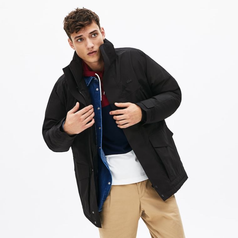 Lacoste Detachable Faux Fur Hood Long Quilted Parka Fekete Sötétszürke | mpNtpulV