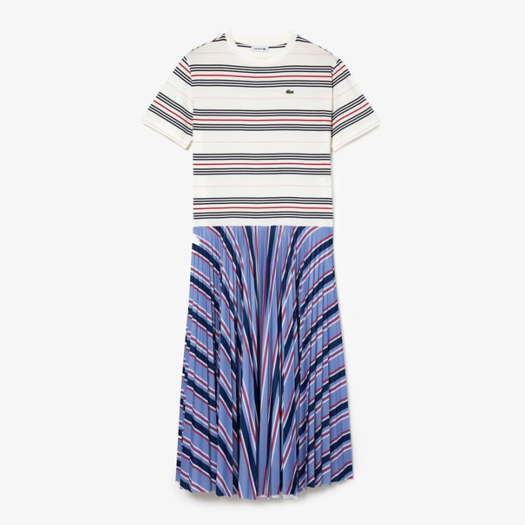 Lacoste Dissimilar Striped Pleated Jersey T-shirt Ruha Lila Sötétkék Kék Fehér Piros Világos Rózsaszín | c1U1v1ml