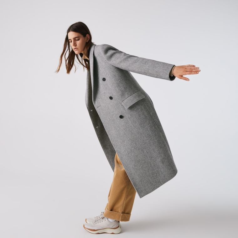 Lacoste Double-Breasted Chevron Long Wool Blend Coat Fehér Szürke | 3IjWK9V5