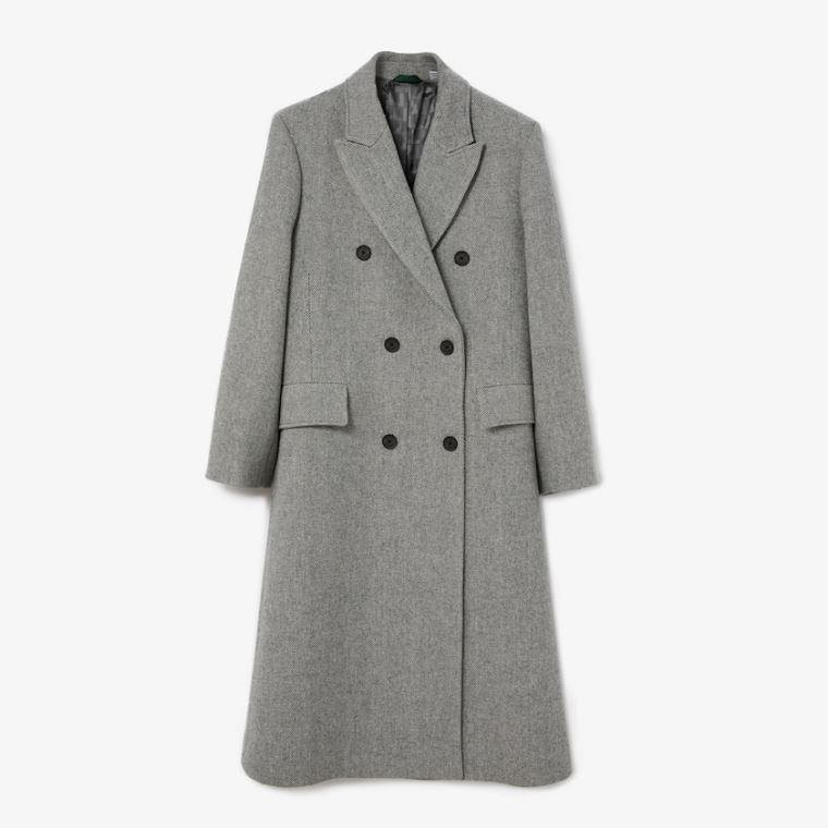 Lacoste Double-Breasted Chevron Long Wool Blend Coat Fehér Szürke | 3IjWK9V5