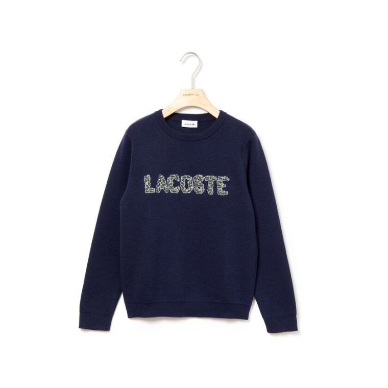 Lacoste Embroidered Croco Magic Wool And Pamut Pulóver Sötétkék Kék | u3AQlEbC