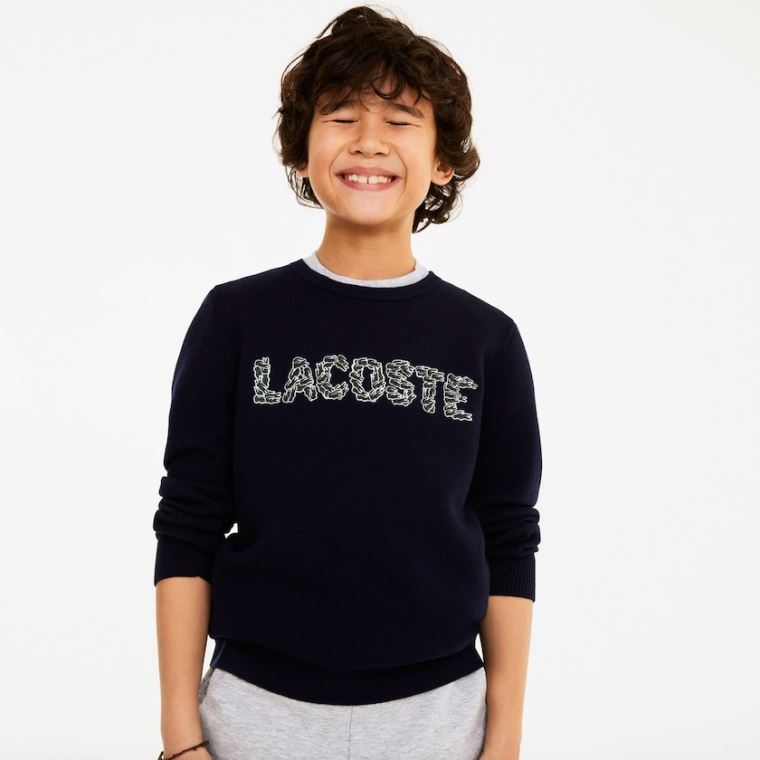 Lacoste Embroidered Croco Magic Wool And Pamut Pulóver Sötétkék Kék | u3AQlEbC