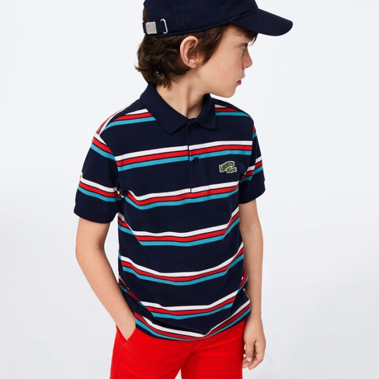 Lacoste Embroidered Logo Striped Polo Sötétkék Kék Fehér | I1IeSpbD