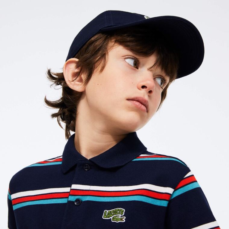 Lacoste Embroidered Logo Striped Polo Sötétkék Kék Fehér | I1IeSpbD