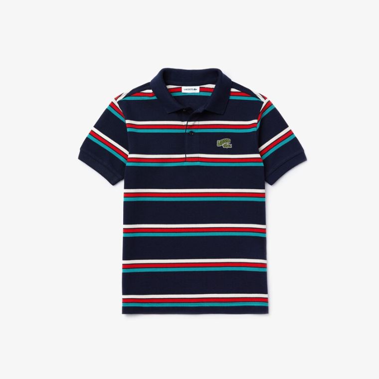 Lacoste Embroidered Logo Striped Polo Sötétkék Kék Fehér | I1IeSpbD