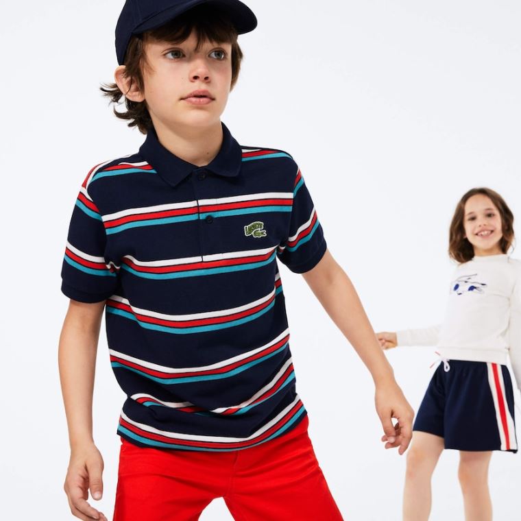 Lacoste Embroidered Logo Striped Polo Sötétkék Kék Fehér | I1IeSpbD