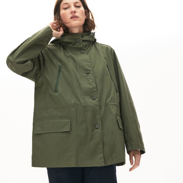 Lacoste Flared Vizi-Resistant Parka Khaki Zöld | LzDQrvF4